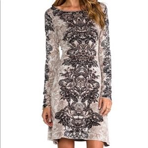 BCBGMAXAZRIA | Tan Black Regan French Cream Long Sleeve Silk Dress XS
